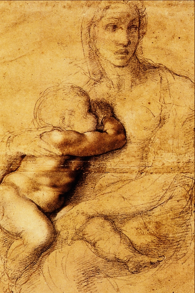 Michelangelo Buonarroti - Madonna Con Il Bambino Data 1525 circa Tecnica Matita nera, matita rossa, biacca e inchiostro su carta Dimensioni 54,1 cm × 39,6 cm, casa Buonarroti, Firenze